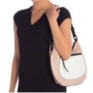 T Tahari Crawford Hobo leather shoulder bag dusty pink, black trim